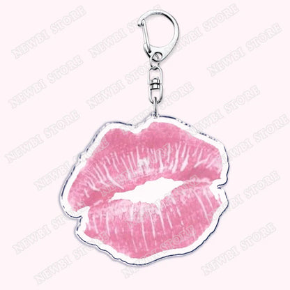 Pink kiss mark keychain with silver metallic frame and clasp, aesthetic coquette pink womens accessories ribbon gift
