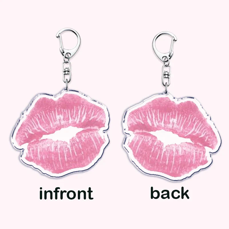 Pink kiss-shaped keychain with silver metal clip and outline, aesthetic coquette pink womens accessories ribbon gift