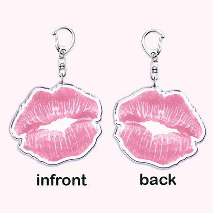 Pink kiss-shaped keychain with silver metal clip and outline, aesthetic coquette pink womens accessories ribbon gift
