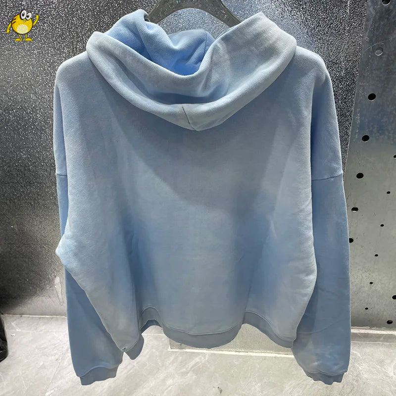 Washed Blue PALY Hoodies Men Woman Vintage Damaged Hole Old Casual High Quality Hip Hop Fashion Zipper Sweatshirts