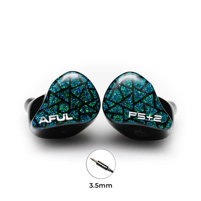 Aful performer 5+2 hiFi wired hybrid in-ear monitor earphones with glossy black body and teal glittery geometric shell