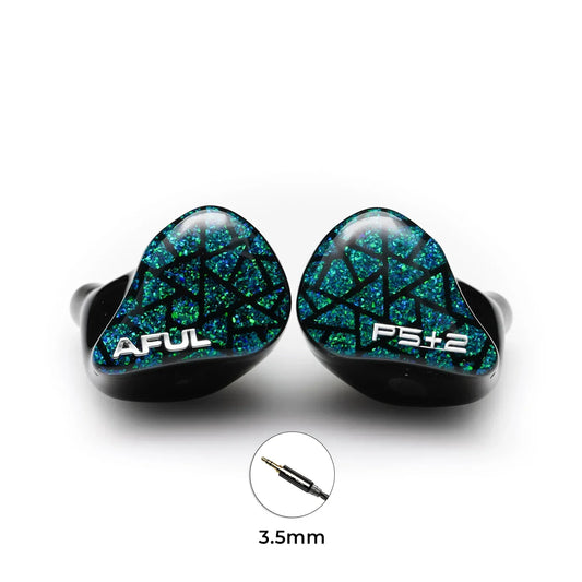 Aful performer 5+2 hiFi wired hybrid in-ear monitor earphones with glossy black body and teal glittery geometric shell