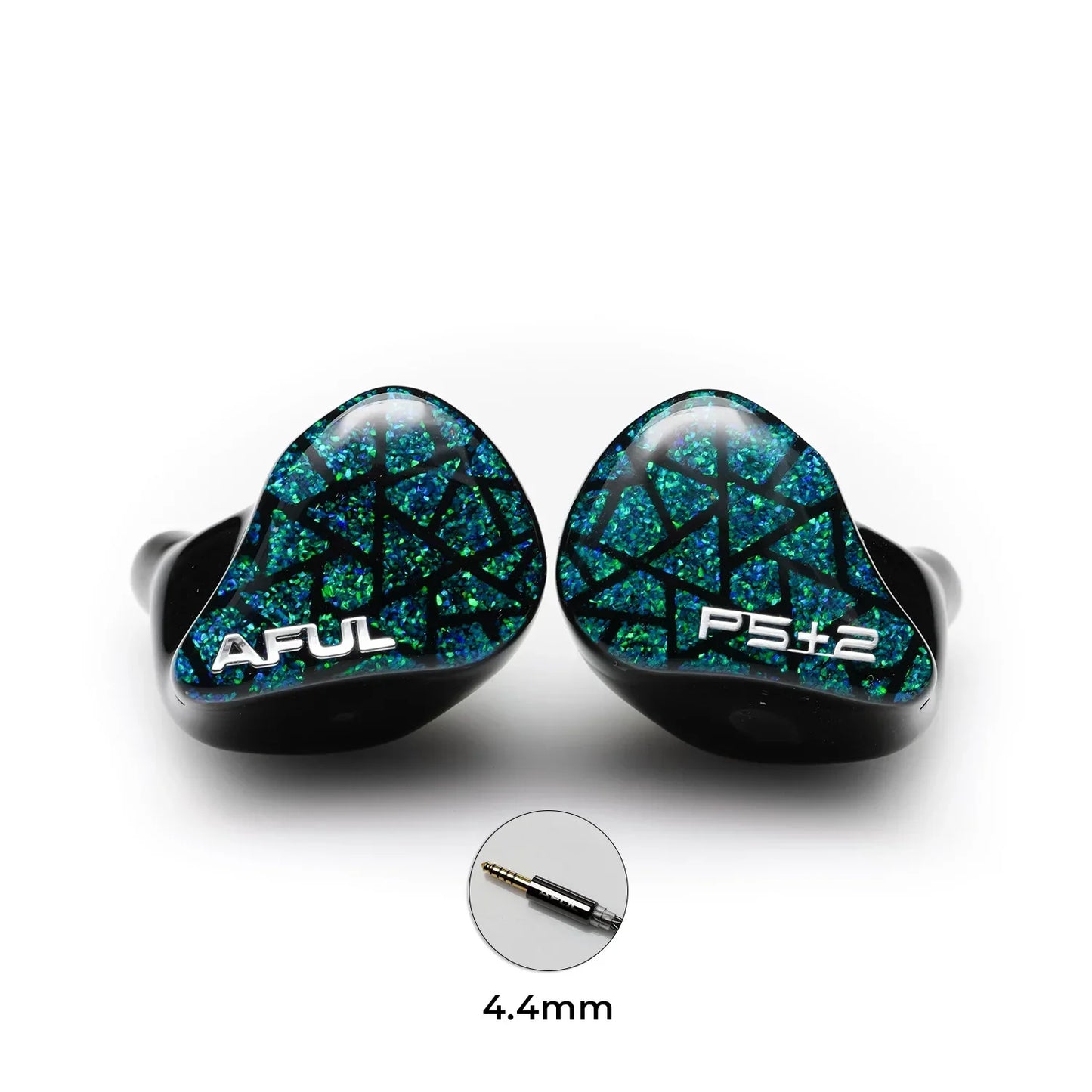 Aful ps5+2 in-ear monitor earphones with glossy black body and teal-green mosaic pattern hifi wired hybrid iems