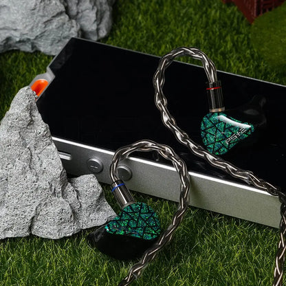 Emerald green glitter textured aful performer 5+2 in ear monitor earphones with braided metallic cables hifi wired hybrid