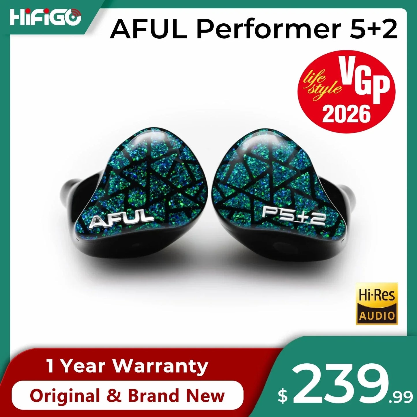 Teal and black aful performer 5+2 glittery mosaic hifi wired hybrid in-ear monitor earphones for headphone music iems