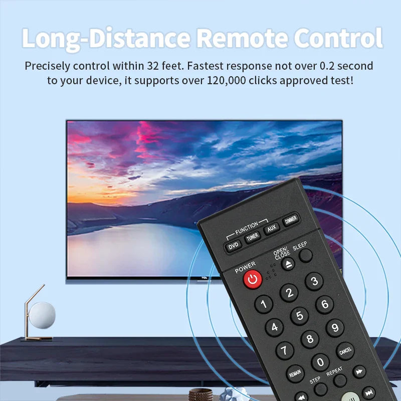 Black plastic ah59-01644a remote control with red power button and labeled keys for samsung dvd home theater system