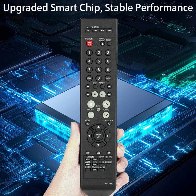 Black ah59-01644a remote control with sleek rectangular design and multiple buttons for samsung dvd home theater use