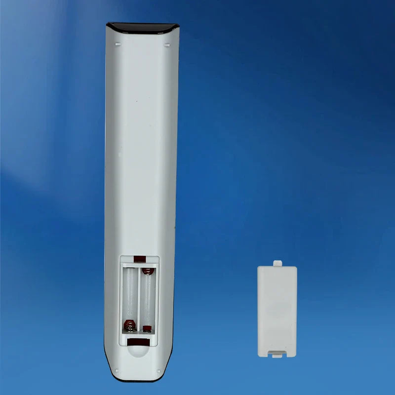 White plastic ah59-01644a remote control for samsung dvd home theater with black top and visible aa batteries compartment