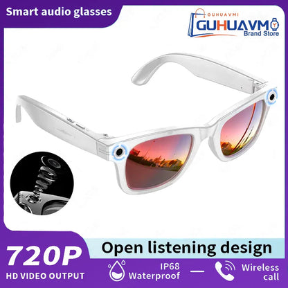 White ai smart glasses with reflective pink red lenses featuring 8mp camera music play men and languages translation sunglasses