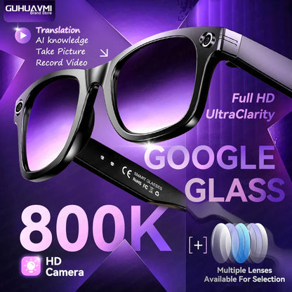 Black-framed ai smart glasses with purple lenses featuring 8mp camera for languages translation sunglasses music play men