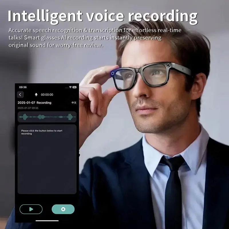 Black-framed ai smart glasses with 8mp camera and translation sunglasses bluetooth for music play men and voice recording