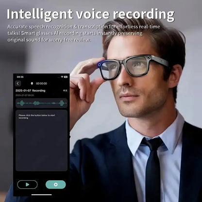 Black-framed ai smart glasses with 8mp camera and translation sunglasses bluetooth for music play men and voice recording