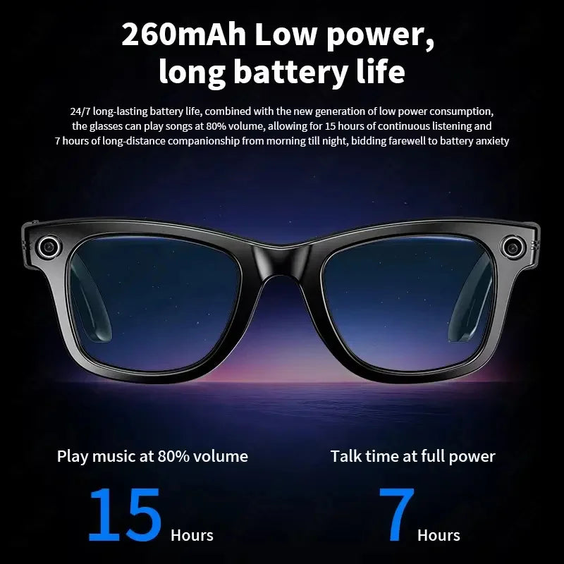 Black-framed ai smart glasses with 8mp camera blue-tinted lenses translation sunglasses bluetooth music play men women 2025