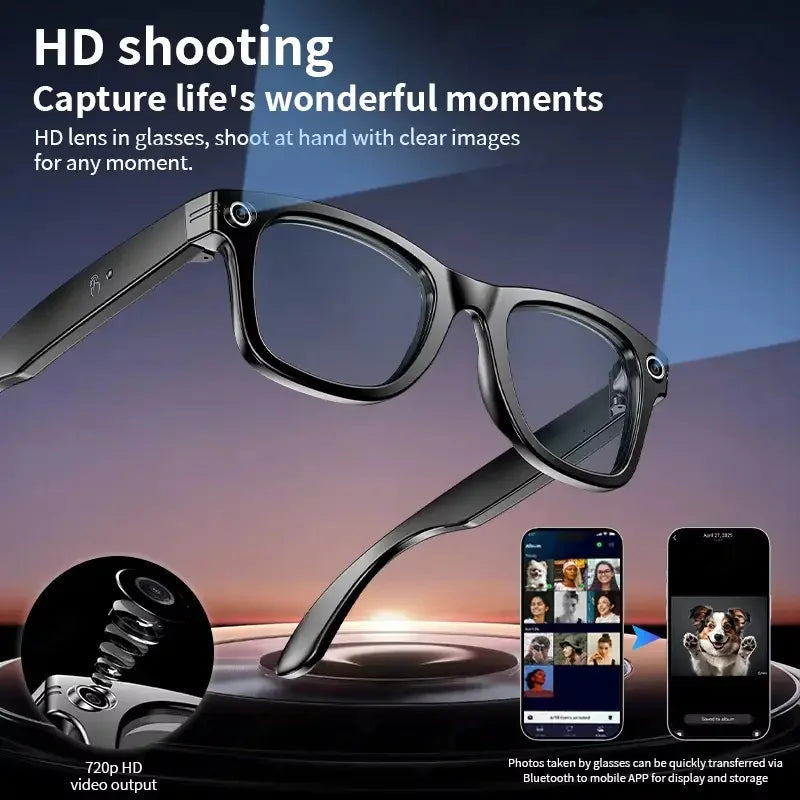 Black-framed ai smart glasses with hd lenses and 8mp camera modules featuring languages translation sunglasses bluetooth and music play men