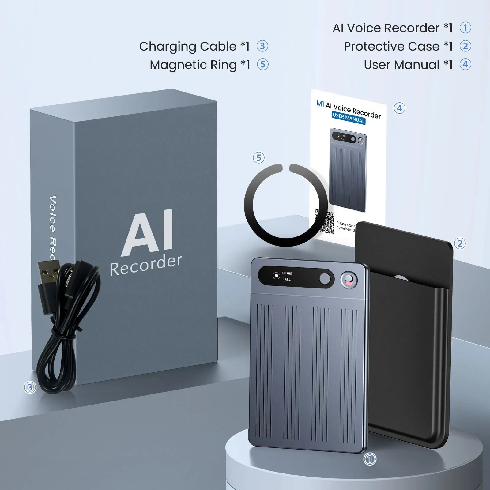 Gray metallic ai voice recorder with vertical ridges and circular button is a summarization portable audio recording device with noise reduction