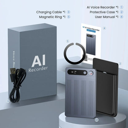 Gray metallic ai voice recorder with vertical ridges and circular button is a summarization portable audio recording device with noise reduction