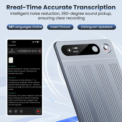 Silver metallic ai voice recorder with ribbed back and circular camera module noise reduction summarization portable audio device