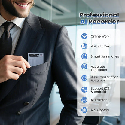 Silver ai voice recorder with sleek design and noise reduction for summarization portable audio recording device