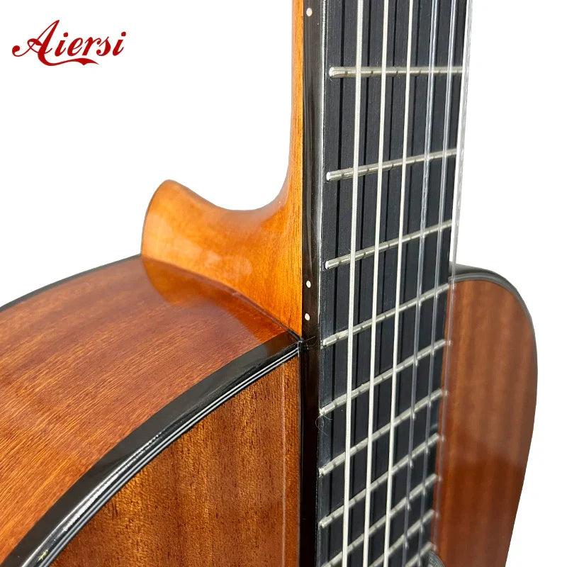Aiersi brand custom acoustic guitar with glossy mahogany body and black fretboard nylon string handmade music instrument