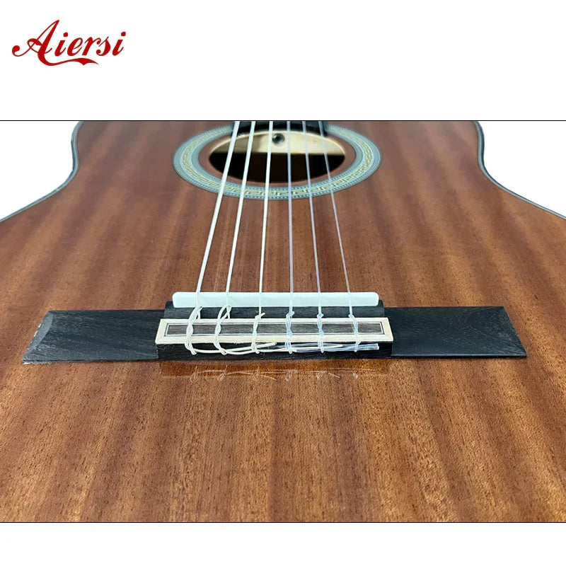 Aiersi brand custom nylon string handmade music guitar with glossy mahogany body warm brown finish and black bridge