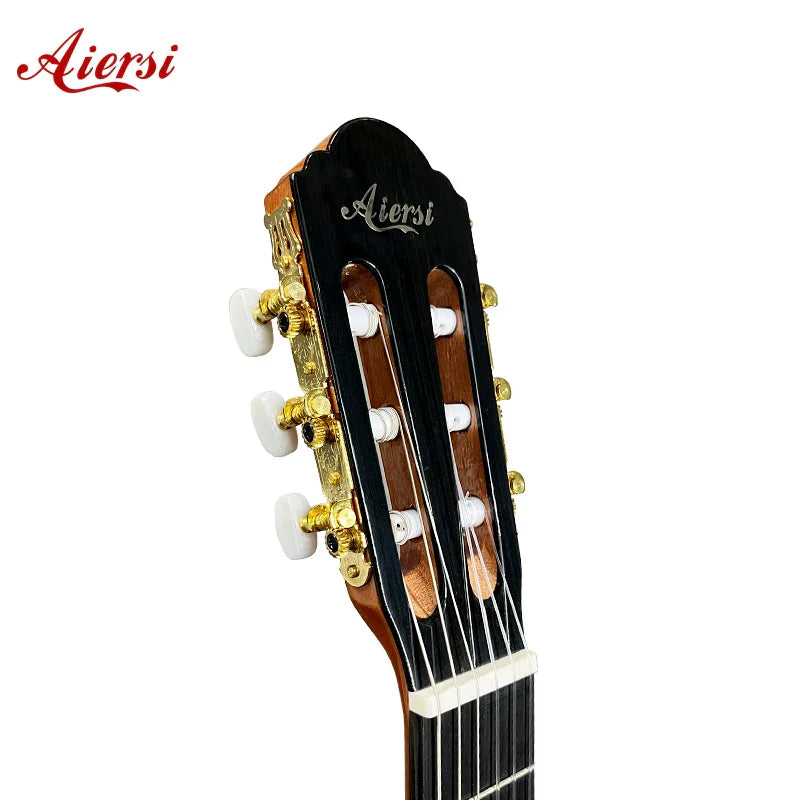 Aiersi brand custom classical guitar headstock with glossy black finish gold tuning pegs and nylon string handmade music design