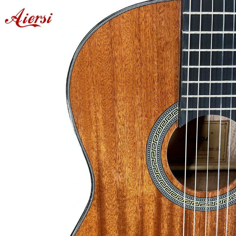 Aiersi brand custom classical guitar with glossy mahogany body warm amber finish and nylon string handmade music design