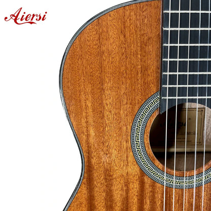 Aiersi brand custom classical guitar with glossy mahogany body warm amber finish and nylon string handmade music design