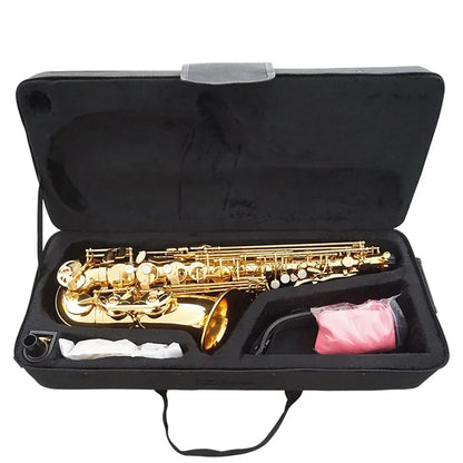 Aiersi brand gold lacquer eb alto saxophone made of brass nestled in a black case music instrument custom logo