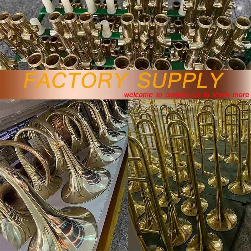 Shiny gold brass trombones and french horns on factory lines for aiersi brand gold lacquer eb alto saxophone music instrument custom logo