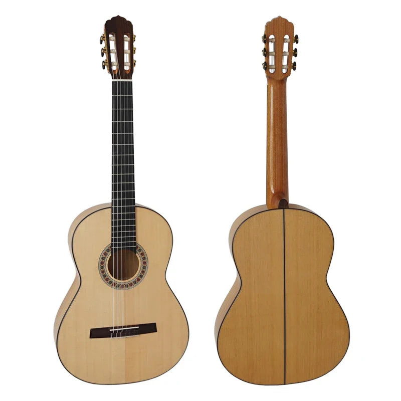 Light-colored handmade flamenco guitar with natural spruce top and spanish cypress body for vintage professional sound