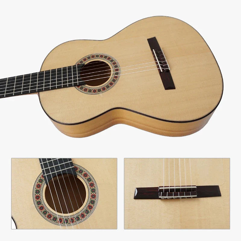 Light-colored handmade flamenco guitar with a solid spruce top spanish cypress body and dark fretboard vintage professional string instrument
