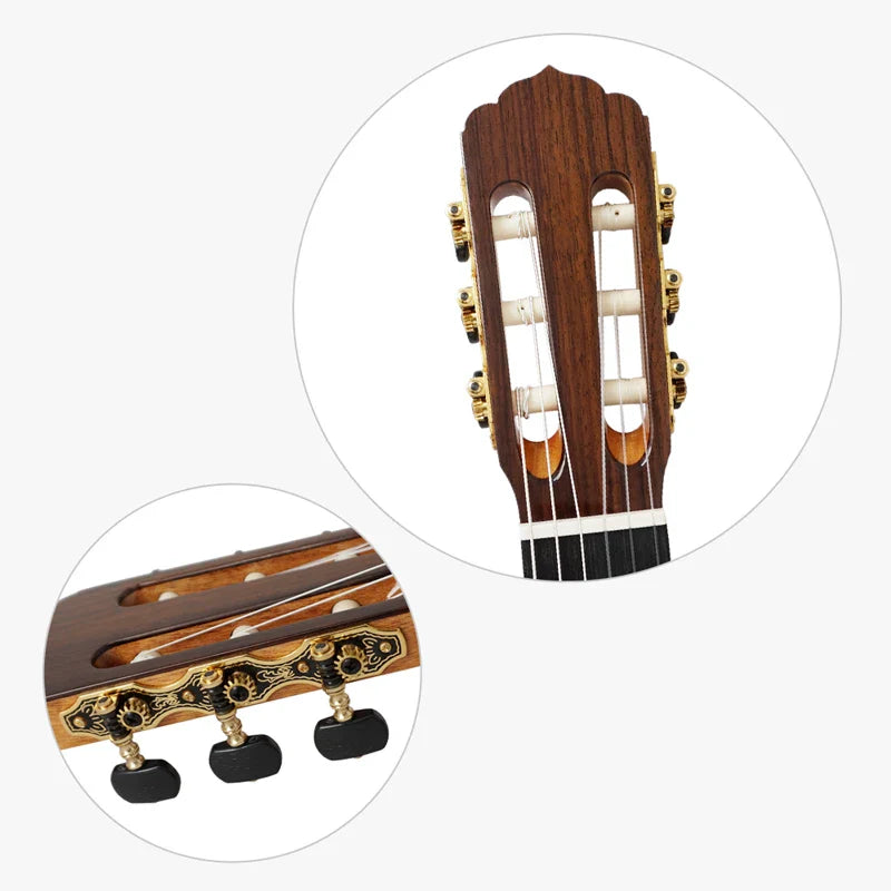 Dark brown wooden flamenco guitar headstock with gold tuning pegs and ornate inlays made of spanish cypress vintage professional string instrument