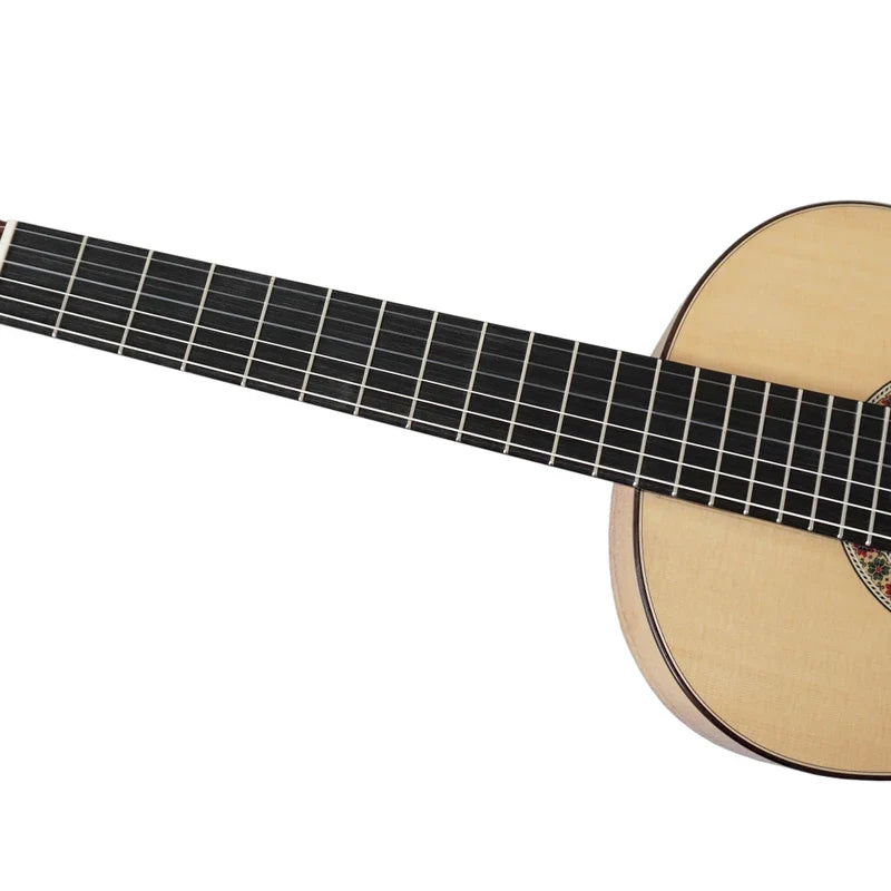 Light-colored wooden flamenco guitar with black fretboard white dot inlays made from spanish cypress vintage professional string instrument