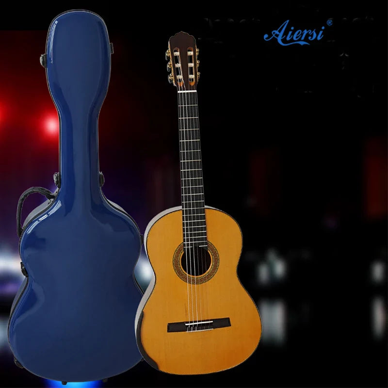 Aiersi brand classic guitar with warm wood finish beside blue fiberglass guitar case with gold hardware and wheels