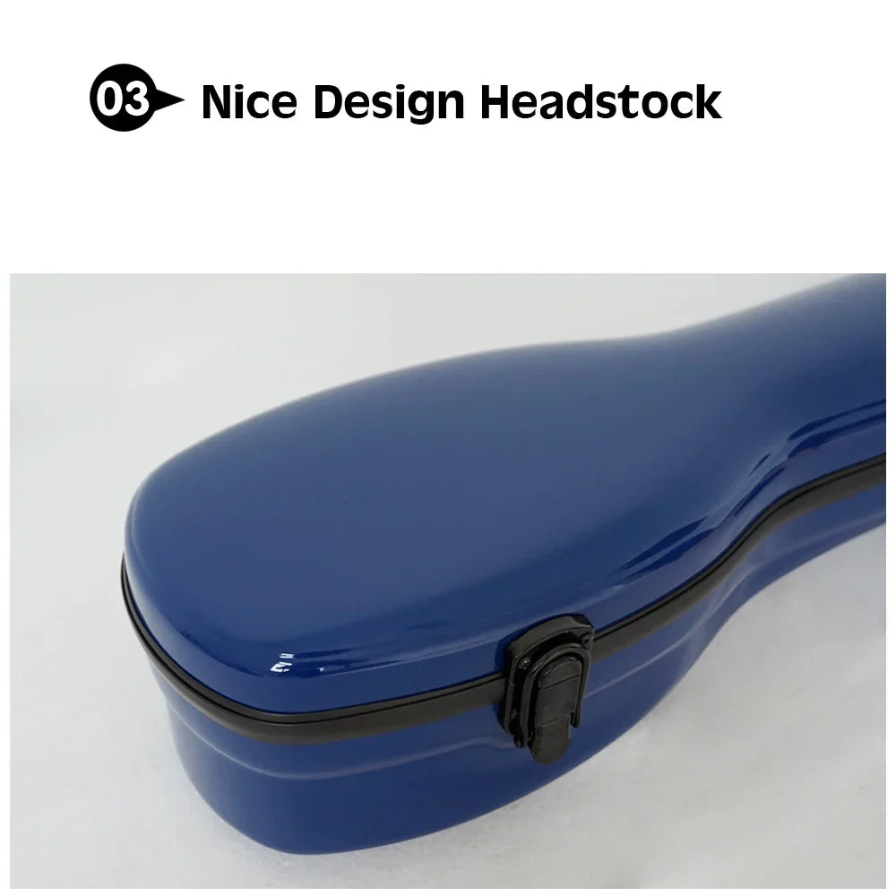 Blue glossy aiersi brand fiberglass guitar case with hard-shell headstock, black zipper, and latch for secure carrying