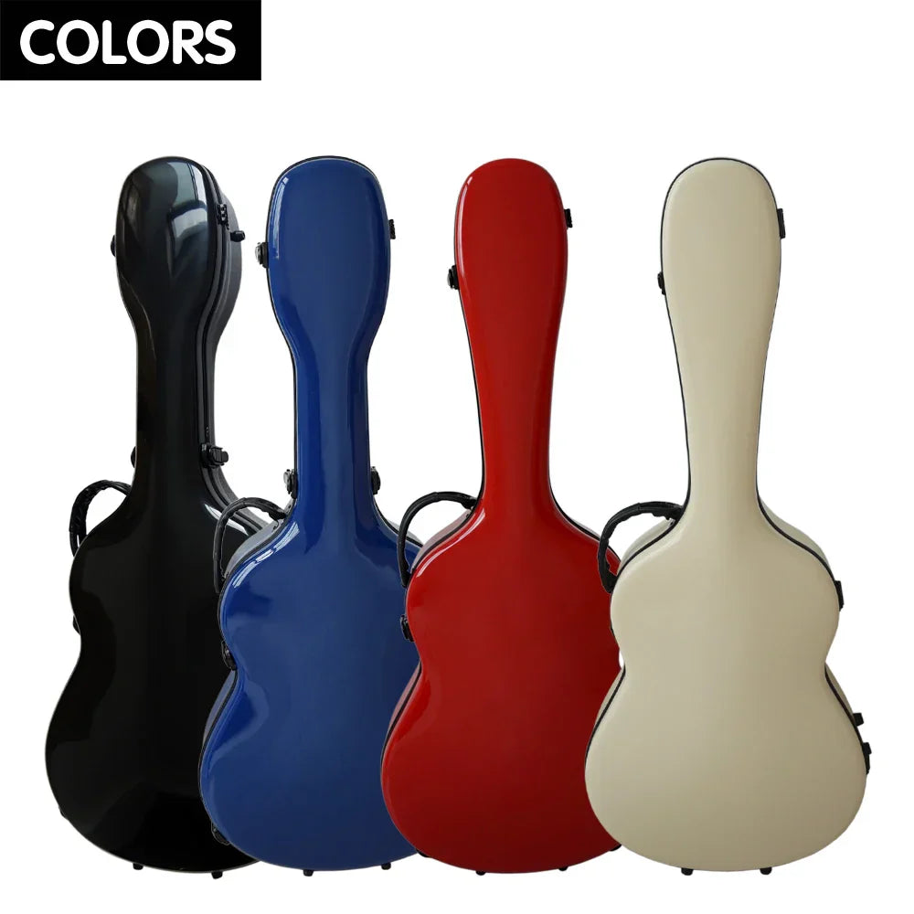 Four glossy aiersi brand fiberglass guitar cases in black blue red and beige with wheel carrying bags