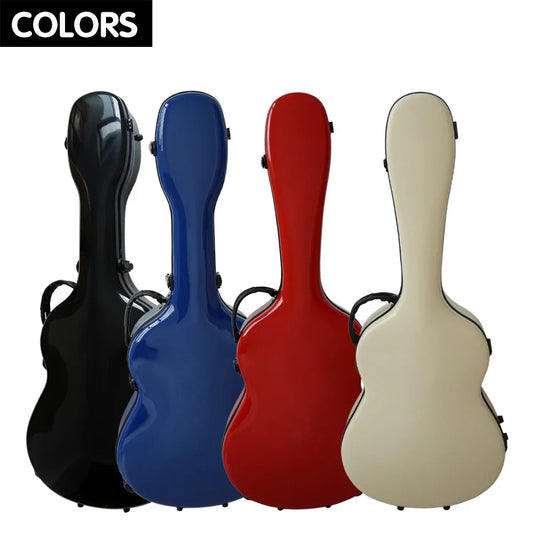 Four glossy aiersi brand fiberglass guitar cases in black blue red and beige with wheel carrying bags