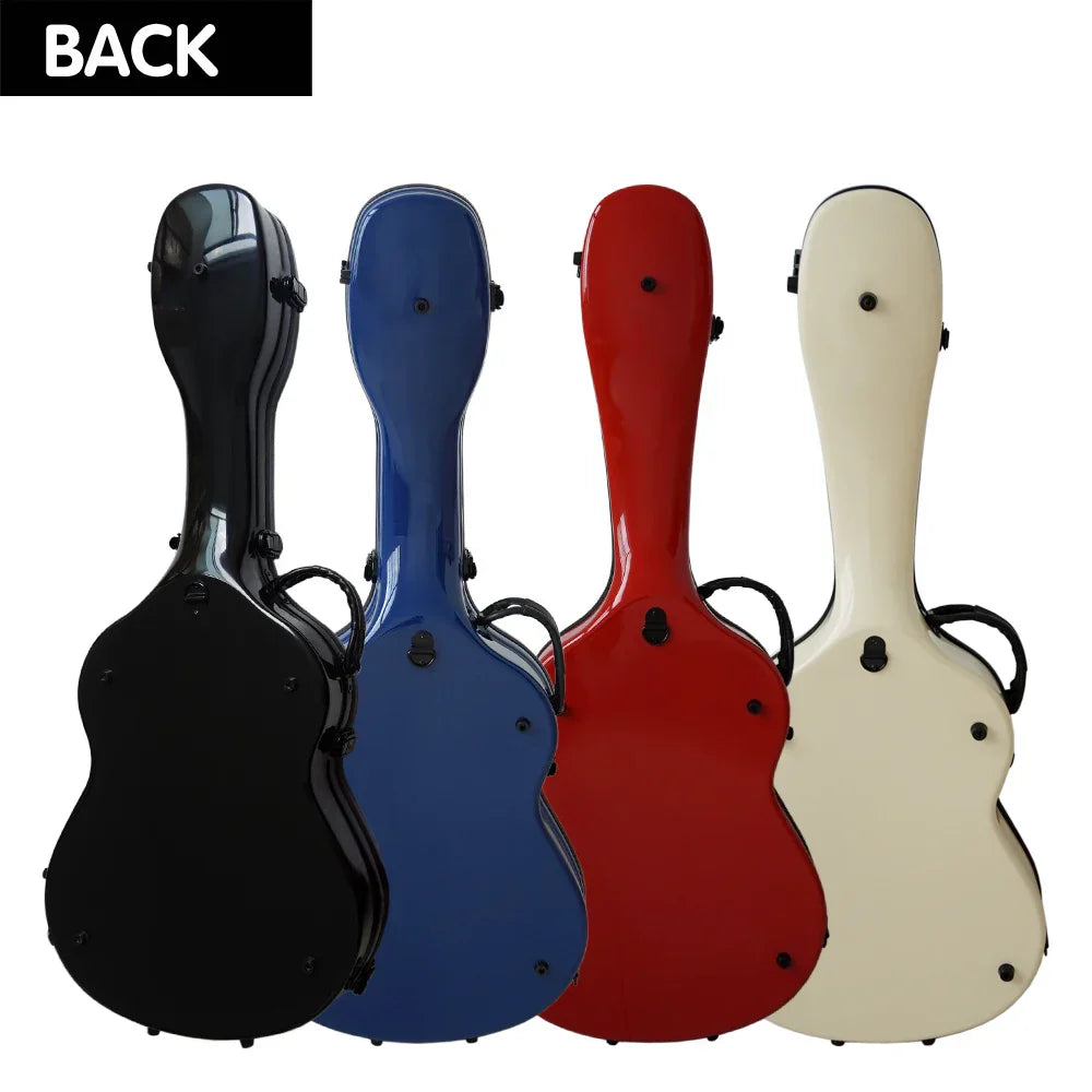 Four glossy aiersi brand fiberglass guitar cases in black blue red and cream with wheel carrying bags for guitars
