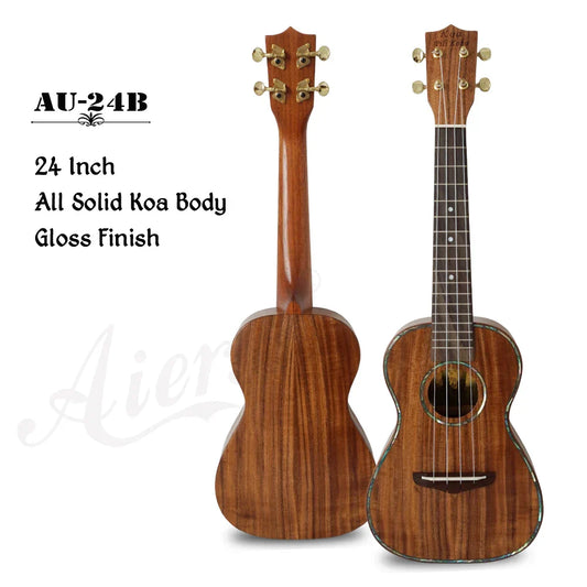 24-inch aiersi koa pili koko concert ukulele with solid koa body, glossy finish, gold tuning pegs, and decorate root details