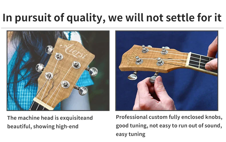A light brown wooden headstock of the aiersi brand spalted maple soprano 21inch handmade professional hawaii ukulele