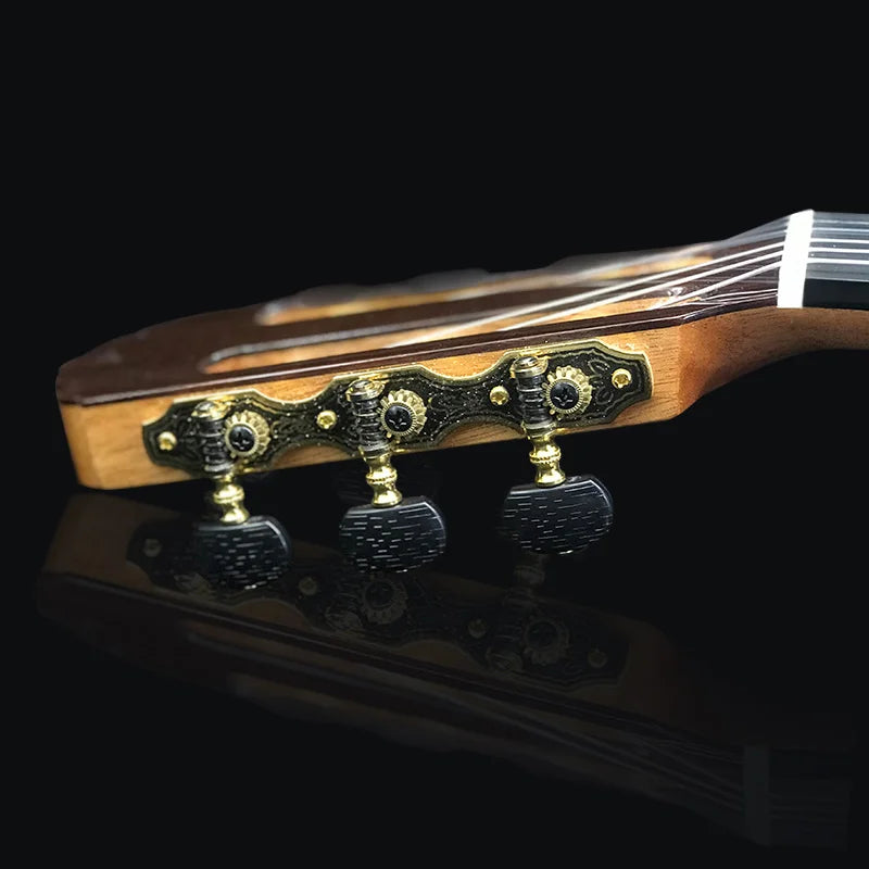 Elegant wooden aiersi handmade raised fretboard smallman guitar headstock with ornate black and gold lattice sound bracing tuning pegs