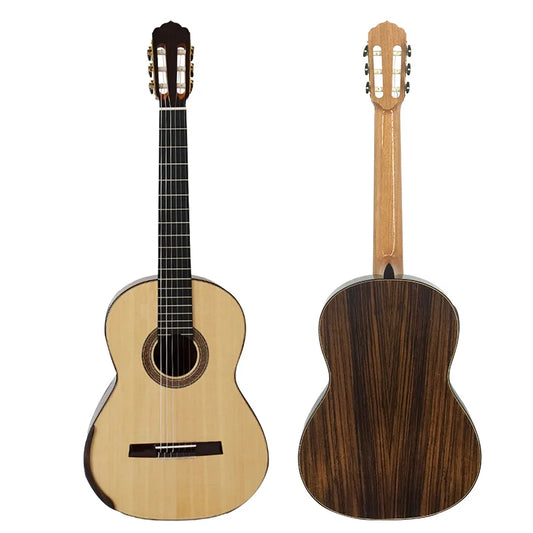 Classical guitar with light natural wood body and dark richly grained back showing aiersi handmade raised fretboard smallman lattice sound bracing