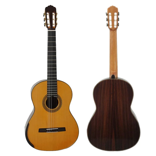 Aiersi high grade brand master level lattice bracing classic guitar with warm golden-brown body and dark reddish wood back