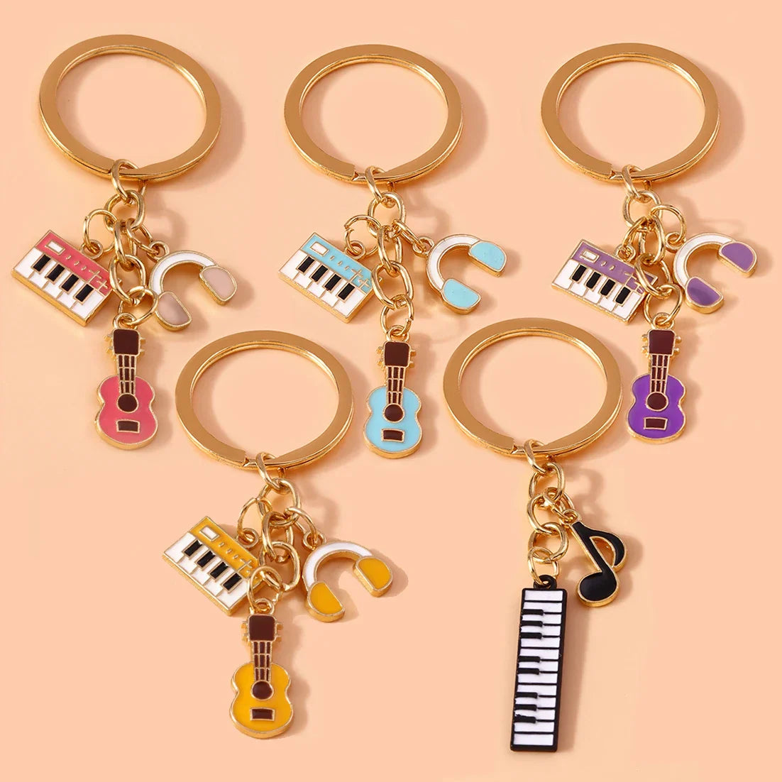 Gold-toned aihua enamel musical instrument keychains with colorful keyboard guitar headphones and music note charms for women girls diy