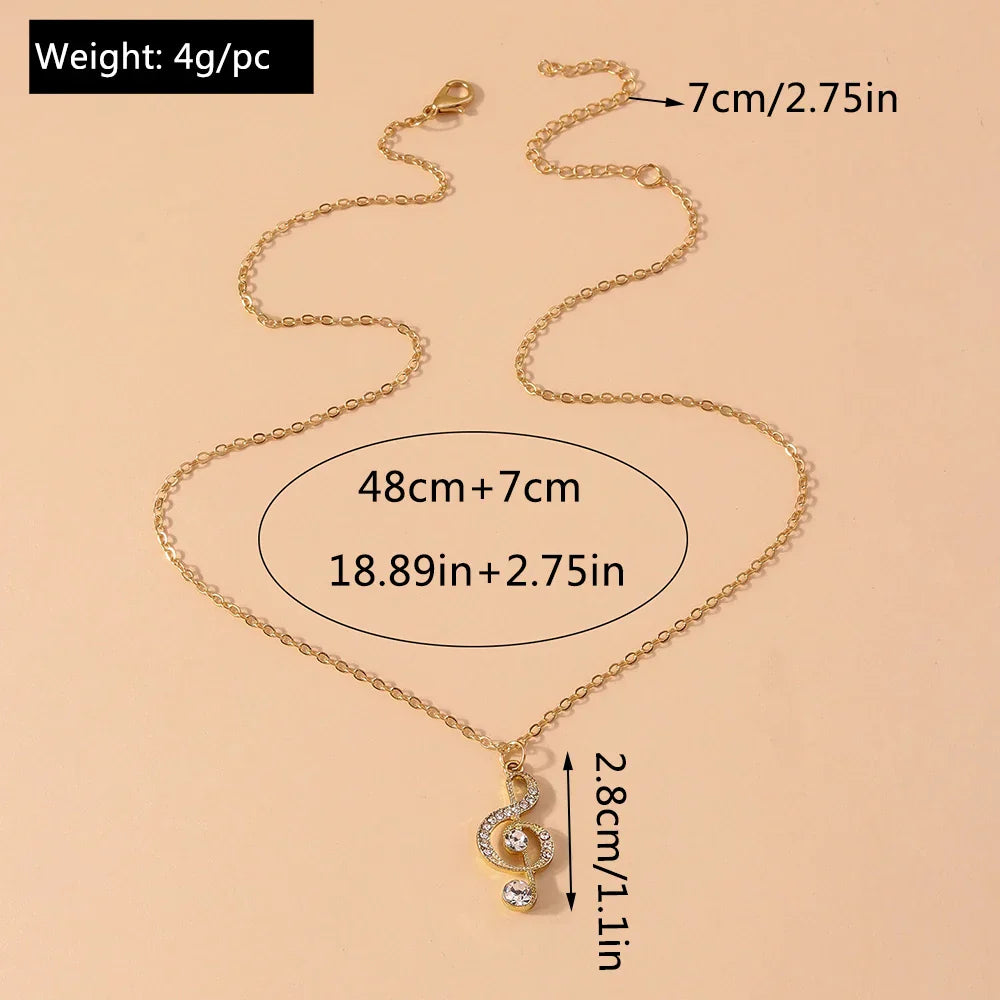 Gold-toned aihua gold silver delicate crystal music treble clef korean musical pendant necklace with adjustable chain