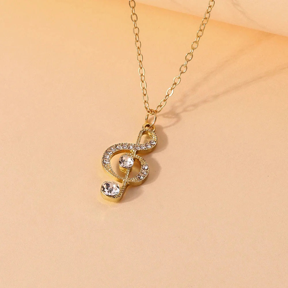 Aihua gold silver delicate crystal music necklace with gold-toned treble clef korean musical pendant for women