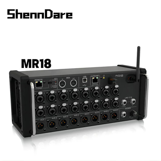 Black shenndare mr18 professional digital mixing console with multiple xlr usb ports wireless antenna and silver trim for studio wifi digital use