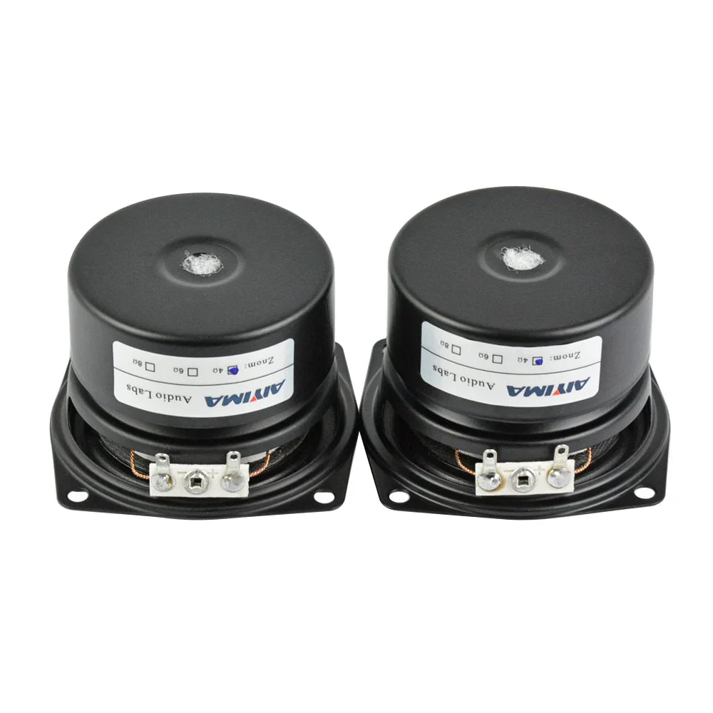 A pair of black aiyima 2.5 inch ohm hifi home full range music desktop speakers with silver connectors and matte finish
