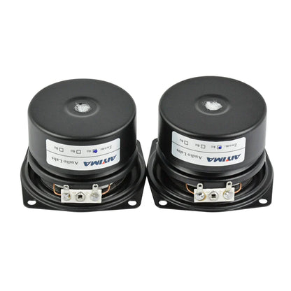A pair of black aiyima 40mm ohm hifi home full range music desktop speakers with silver terminals and matte finish