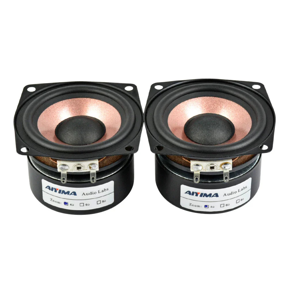 A pair of black aiyima ohm hifi home full range tweeters with copper cones and silver terminals for music desktop speaker use